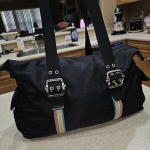 BLACK and Rainbow Small Duffle Bag, Nylon Rainbow Black Nylon Gym Bag 18"